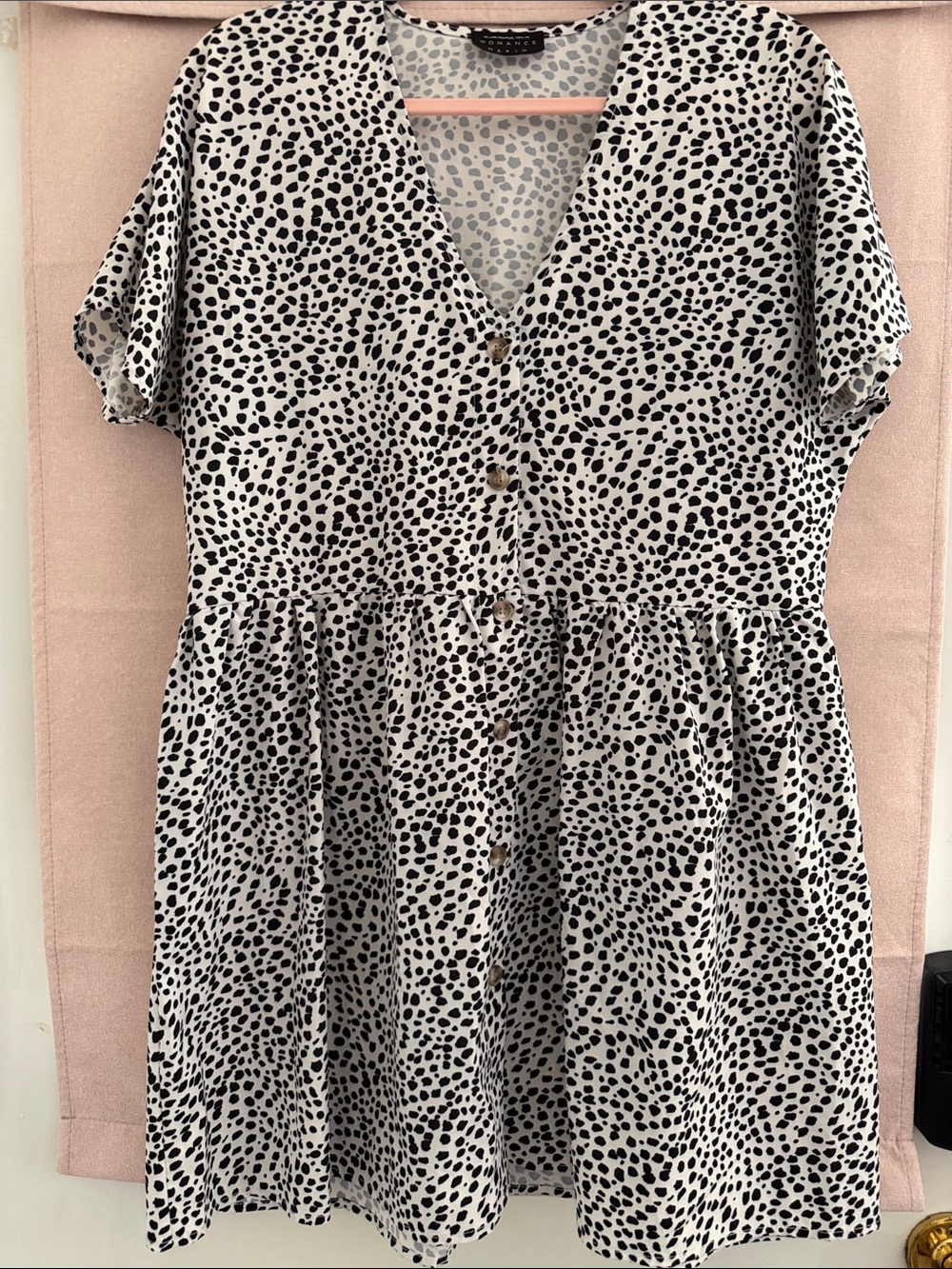 Polka Dot V-Neck Button Midi Dress - Black on White